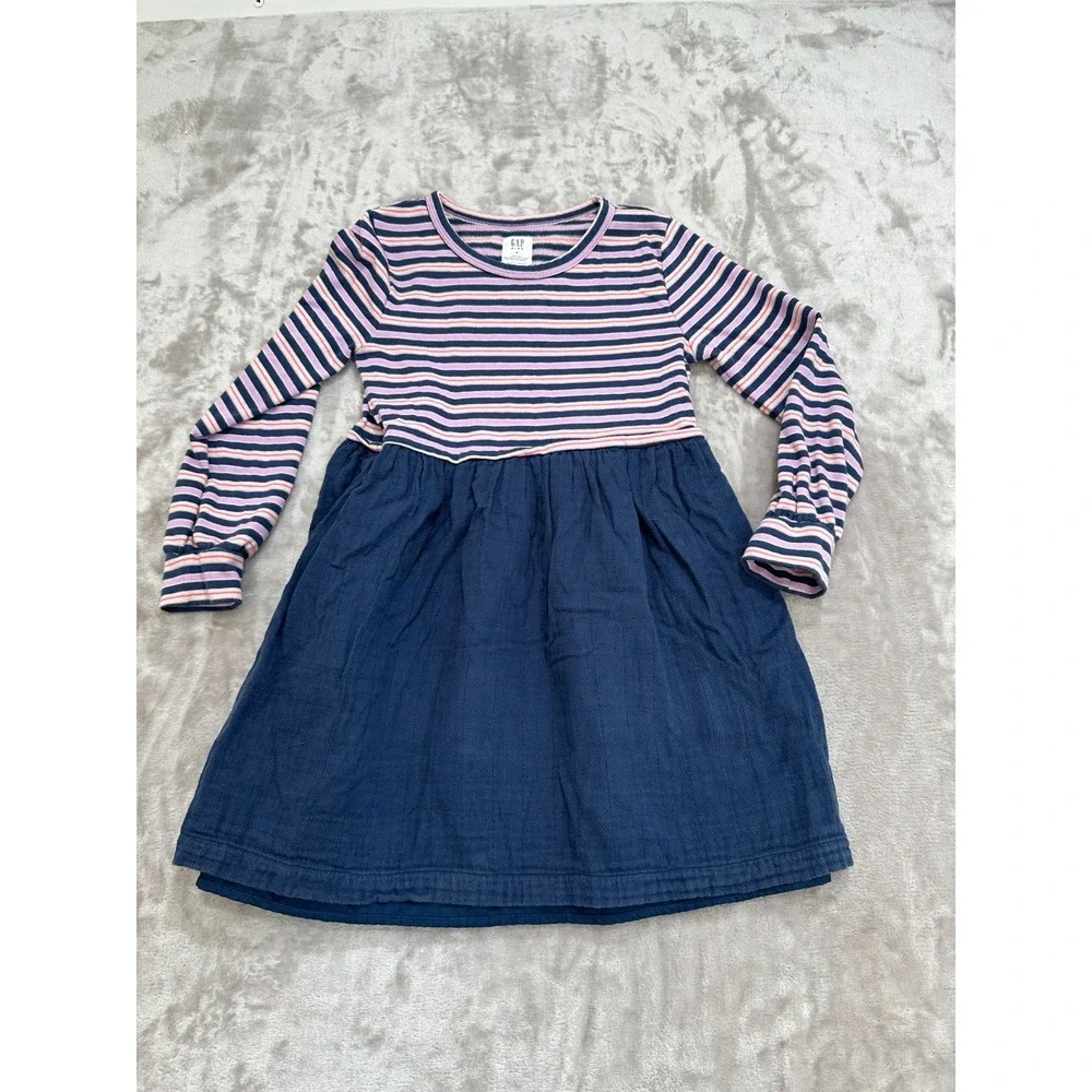 Gap Kids Dress Girls Size Medium Blue Fit &‎ Flare Striped Long Sleeve Lined